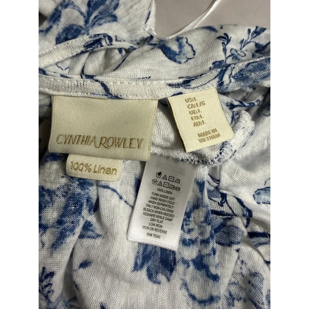 Cynthia Rowley 100% Linen Floral Blouse Large Blue White Cap Sleeve - Picture 7 of 8